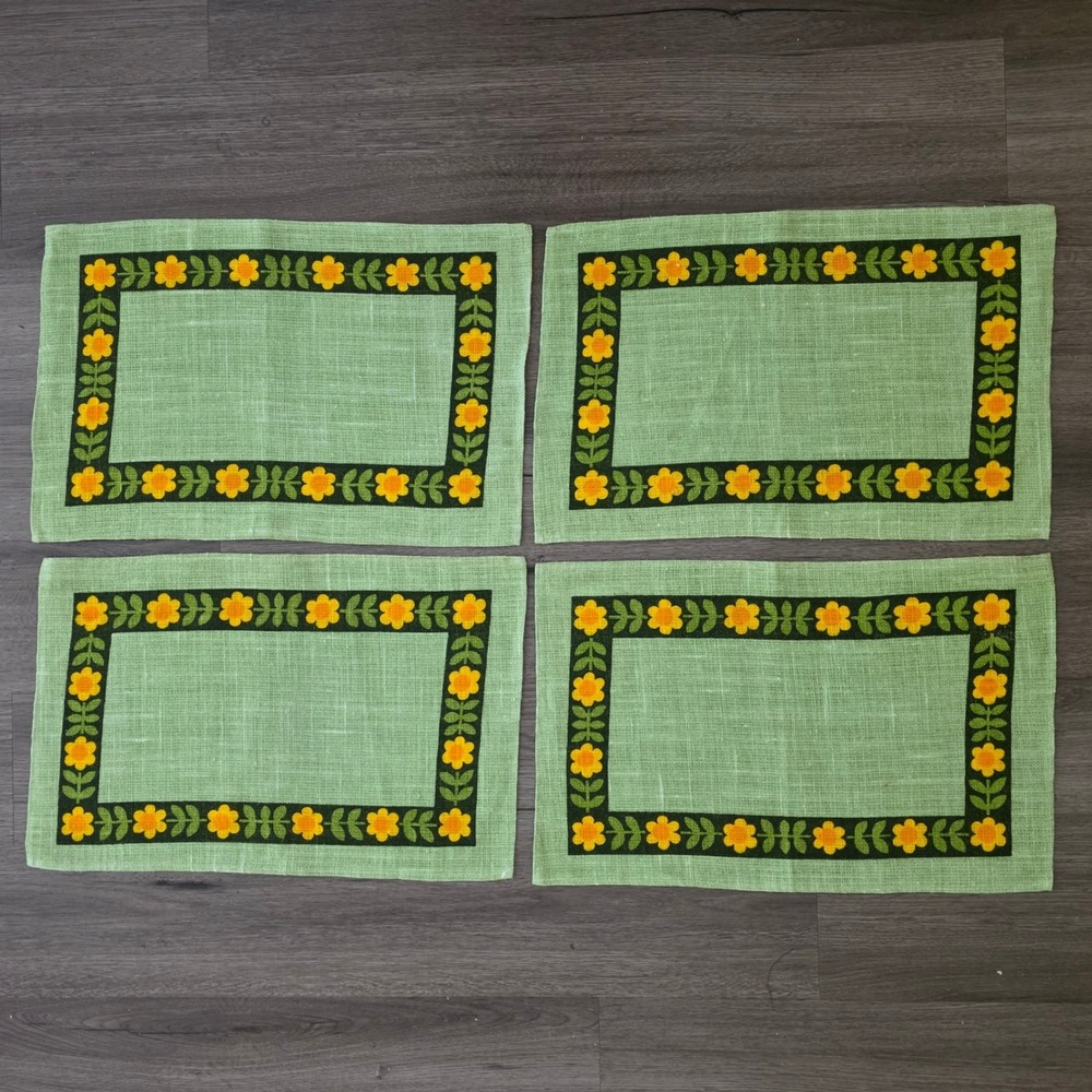 Vintage Green Irish Linen Burlap Daisy Placemats Set of 4 Retro Floral MCM
